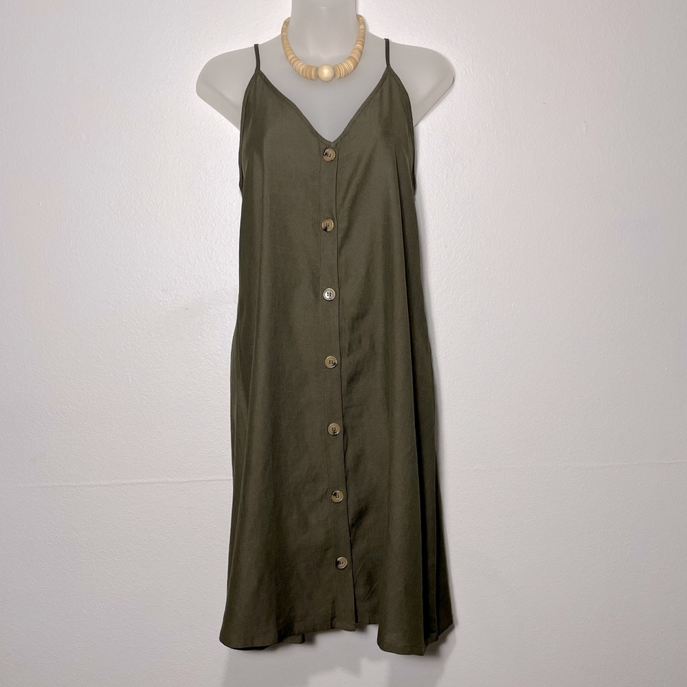 NWT Hotouch Button Up Adjustable Spaghetti Strap Midi Dress Sz Large Olive Green